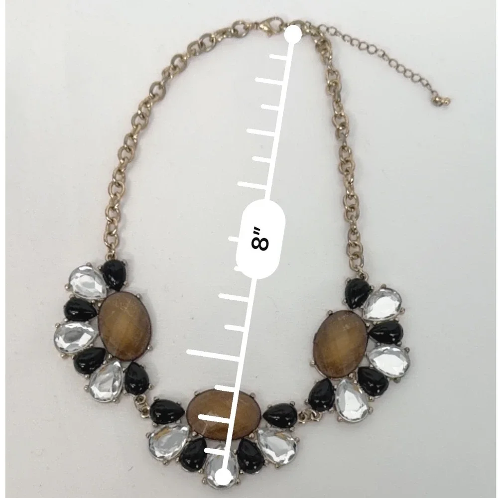 Gold Tone Statement Chunky Bib Necklace‎ Amber Black Clear Faceted Stones 103-08